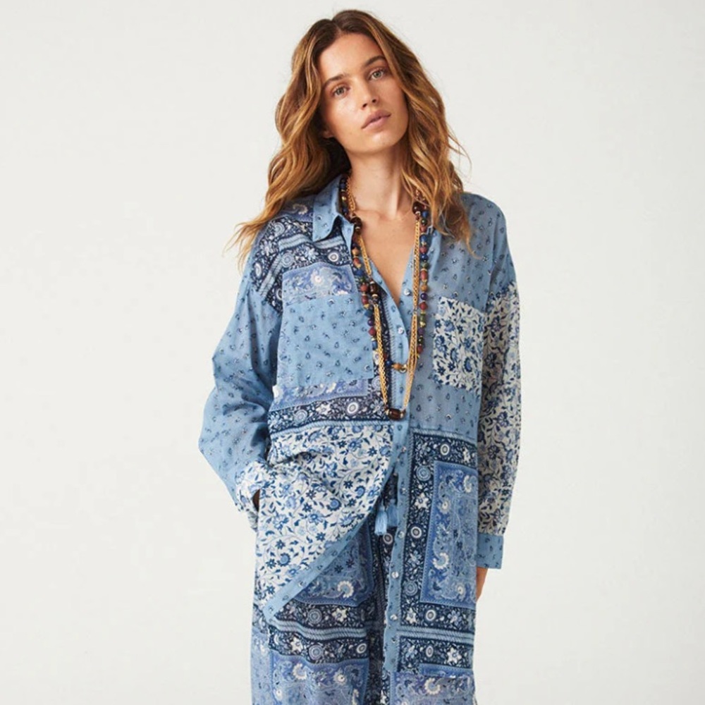 Nwot Spell Blue Patchwork Top - image 1